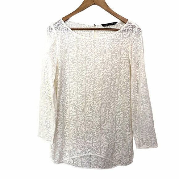 Zara Woman Women's Cream Damask Lace Sheer Keyhole 3/4 Sleeve Blouse Size Medium - Picture 1 of 7